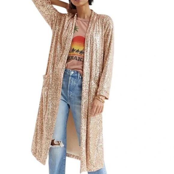 BB DAKOTA BY STEVE MADDEN Sequin Embellishment Duster Jacket Top Rose Gold L NWT - Picture 1 of 8